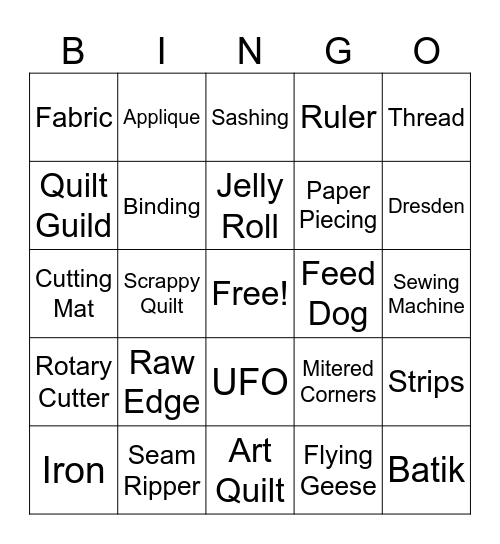 Brown Sugar Stitchers Quilt Guild Bingo Card