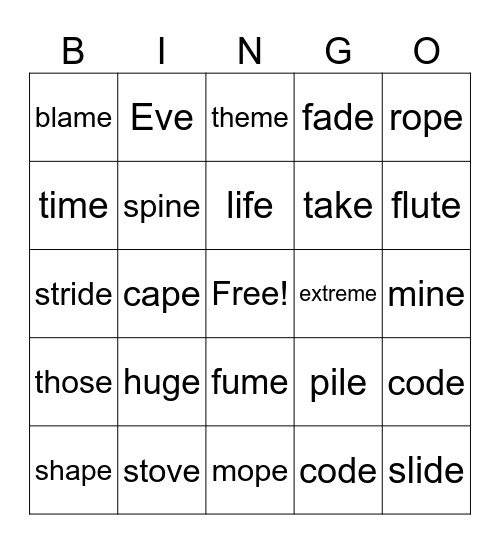 VCe Bingo Card