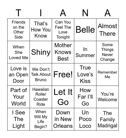 Modern Disney Bingo Card