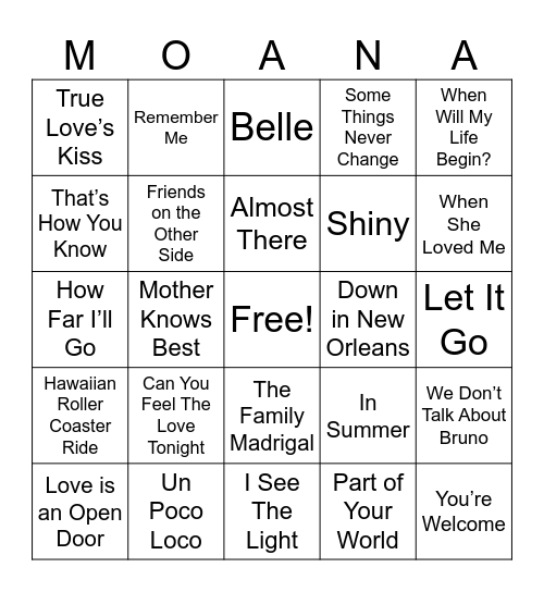 Modern Disney Bingo Card