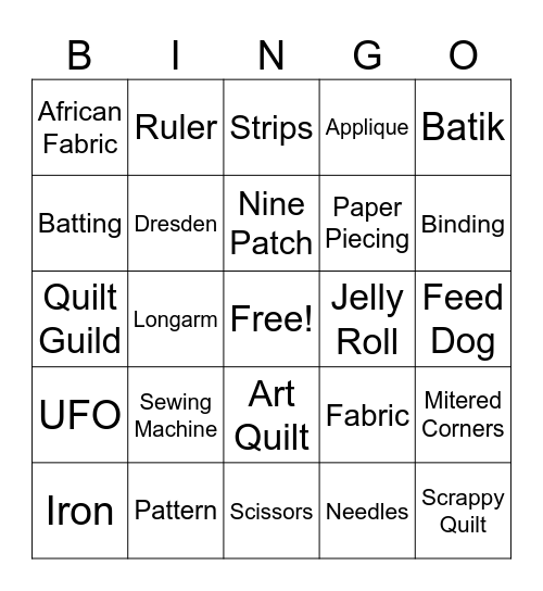 Brown Sugar Stitchers Quilt Guild Bingo Card