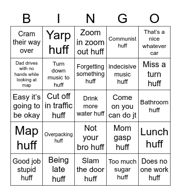 Road Trip Huff Bingo Card