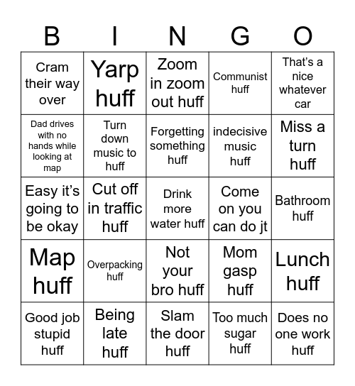 Road Trip Huff Bingo Card