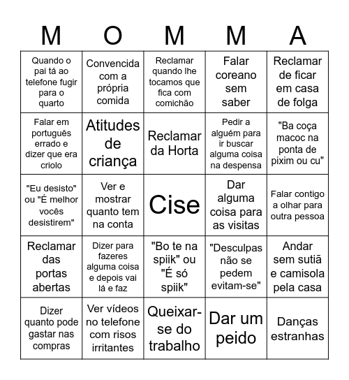 Momma's Bingo Card