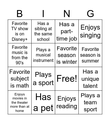 Get to Know Your Class Bingo Card