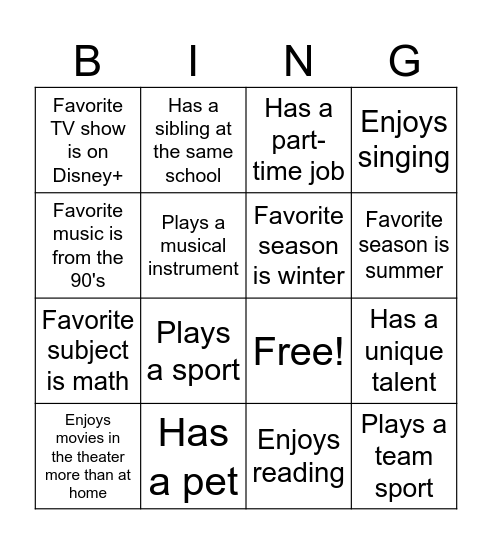 Get to Know Your Class Bingo Card