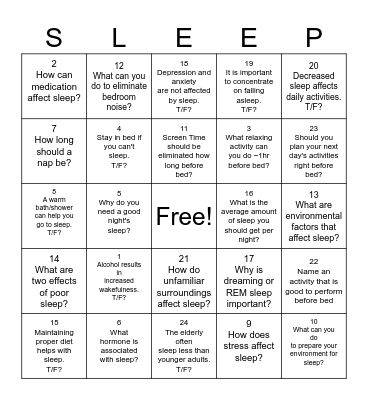 Sleep Hygiene Bingo Card