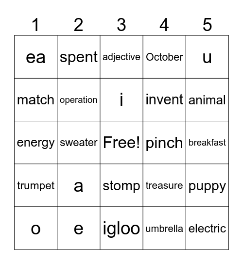 Short Vowel Sounds Bingo Card