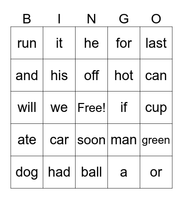 Word FUN Bingo Card