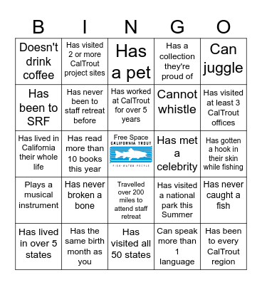 CalTrout Staff Retreat BINGO Card