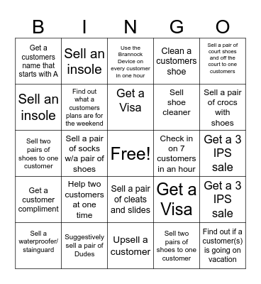 WTG Shoe  Bingo(one square per customer) Bingo Card