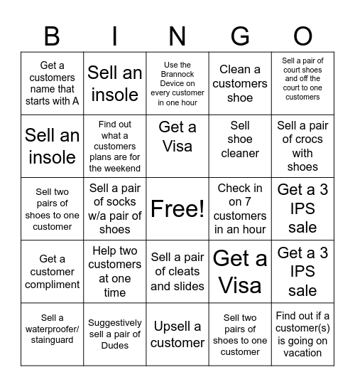 WTG Shoe  Bingo(one square per customer) Bingo Card