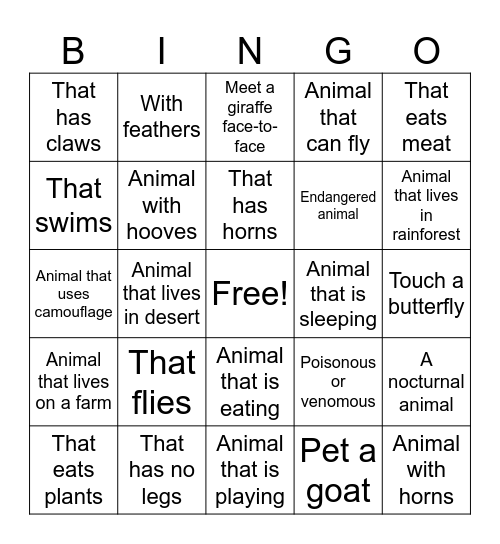 ZOO Bingo Card