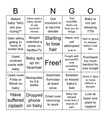 Postpartum Bingo Card