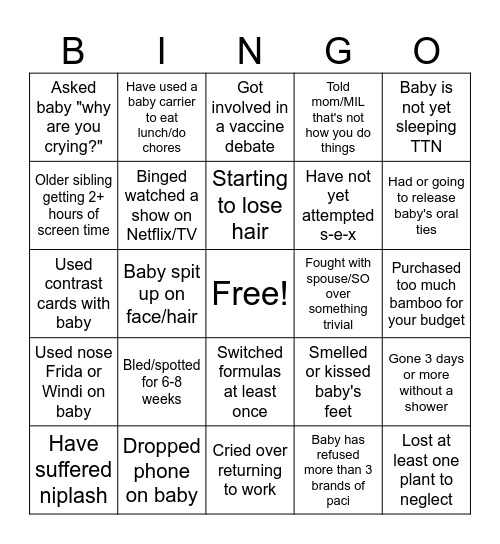 Postpartum Bingo Card