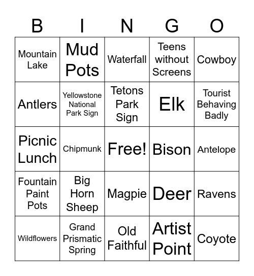 Yellowstone Bingo Card