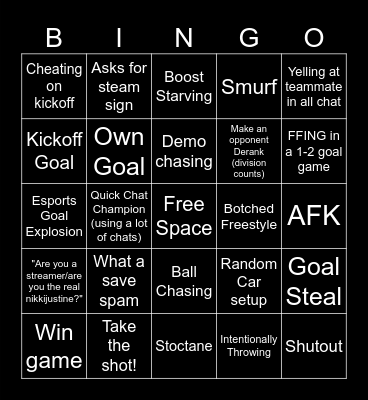 Rocket league bingo Card