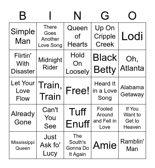 Songs from the South by CR Bingo Card