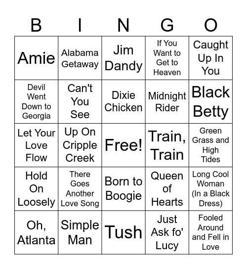 Songs from the South Bingo Card