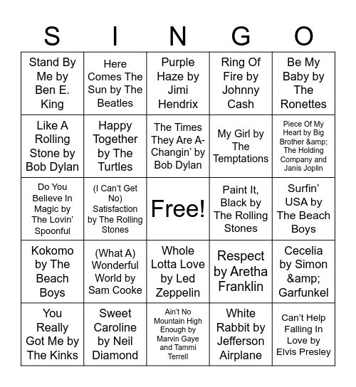 60's Hits Bingo Card