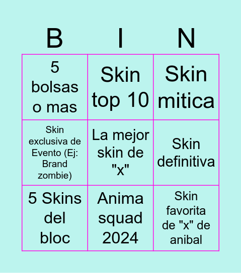 Skins Bingo Card