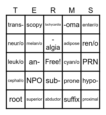 Medical Terminology Bingo Card