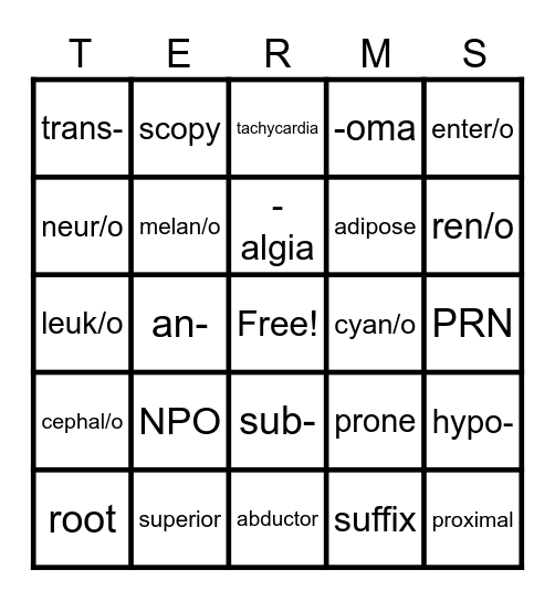 Medical Terminology Bingo Card