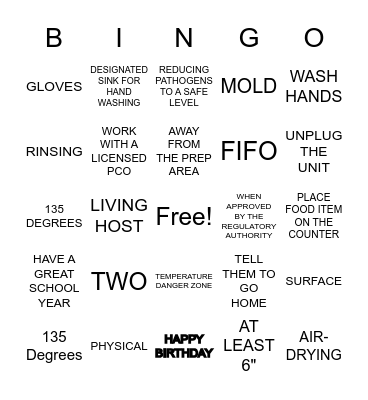 Food Handler's BINGO Card