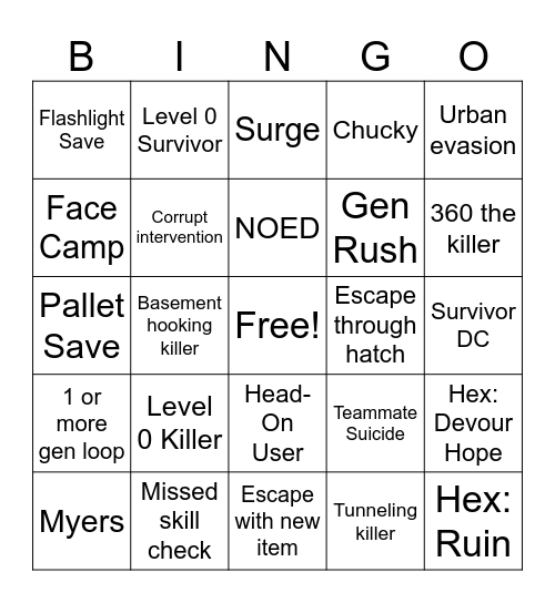 Dead By Daylight Bingo Card