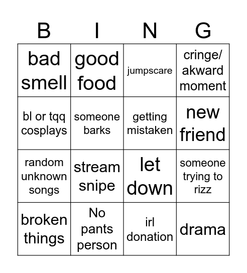 IRL STREAM Bingo Card