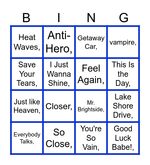 Lex's Birthday Party Bingo Card