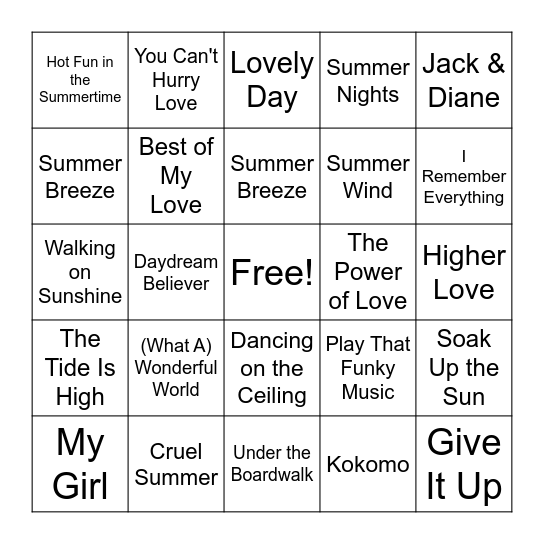 Summer Tunes Bingo Card