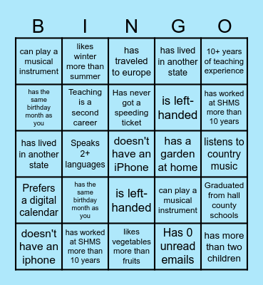 Icebreaker Bingo Card