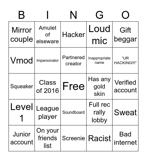 Rec Room Bingo Card