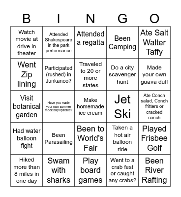 Summertime Adventures Bingo Card