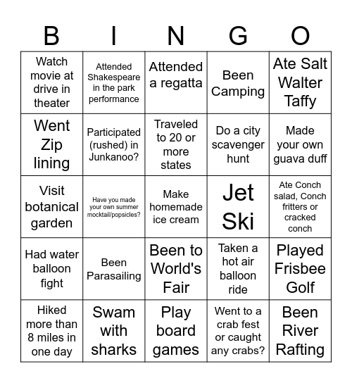 Summertime Adventures Bingo Card