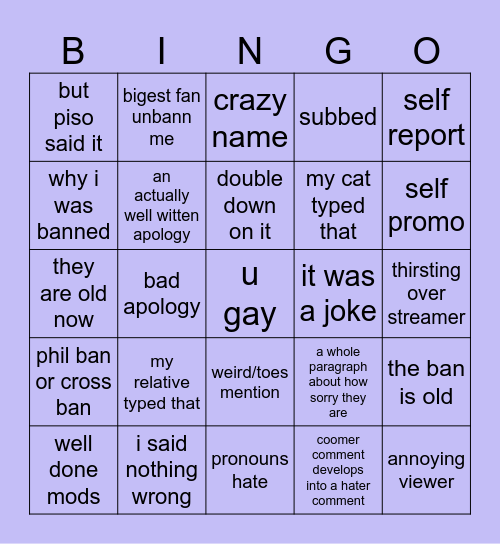 twitch chat ban request Bingo Card