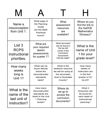 Curriculum Documents Math Bingo Card