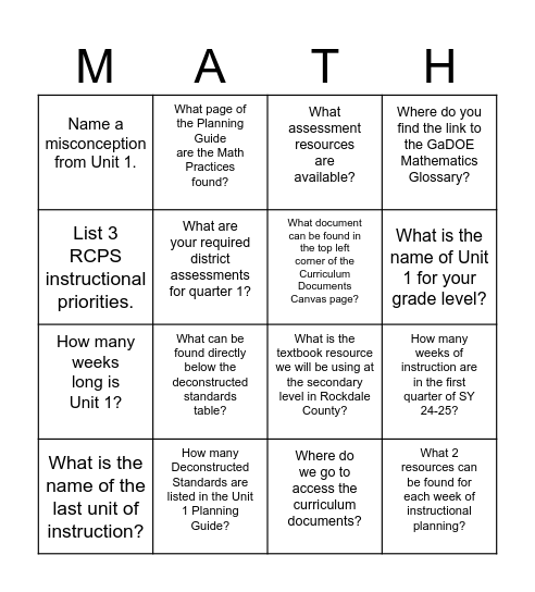 Curriculum Documents Math Bingo Card
