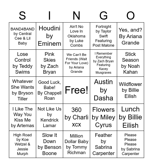 Today's Hits Bingo Card