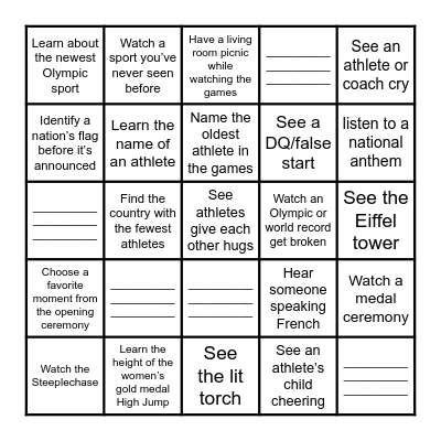 WPC Summer Olympics Bingo Card