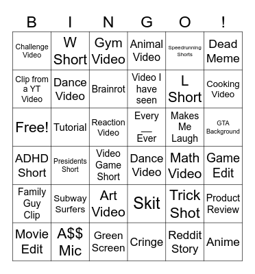 YT Shorts Bingo Card