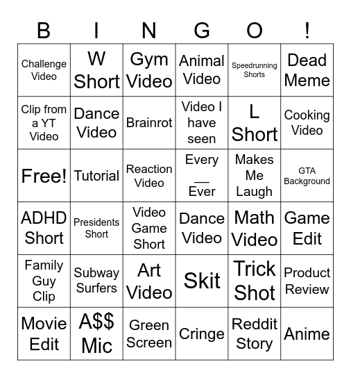 YT Shorts Bingo Card