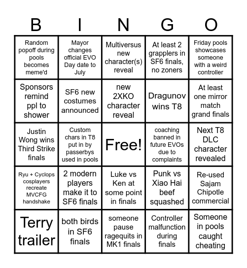 EVO Prediction Bingo Card