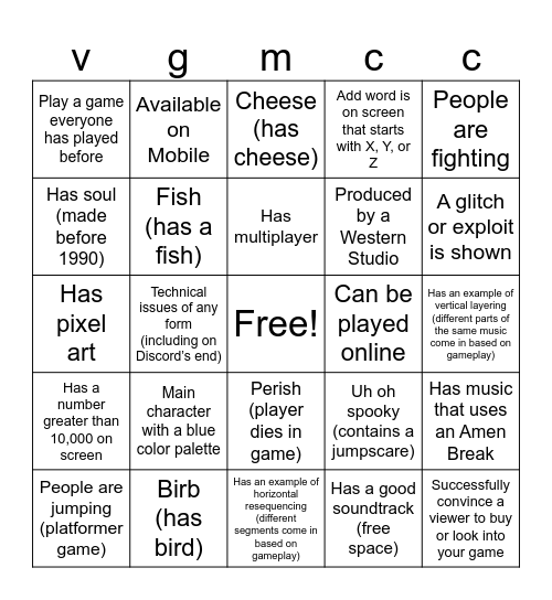 VGMC Show and Tell Bingo Card