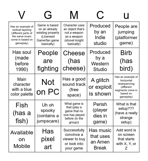 VGMC Show and Tell Bingo Card