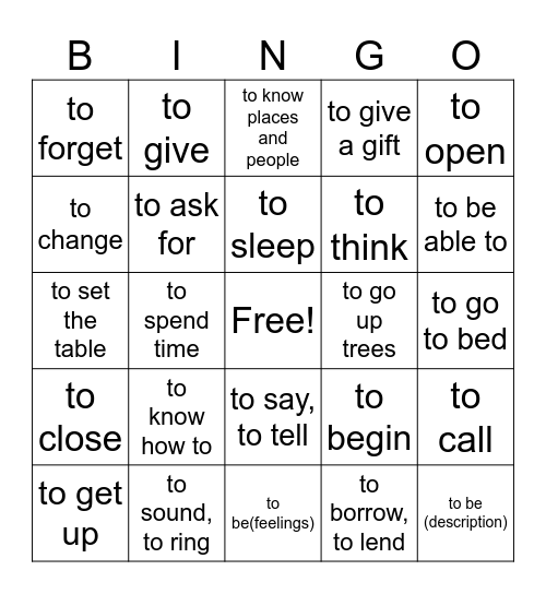 Meaning of verbs Bingo Card