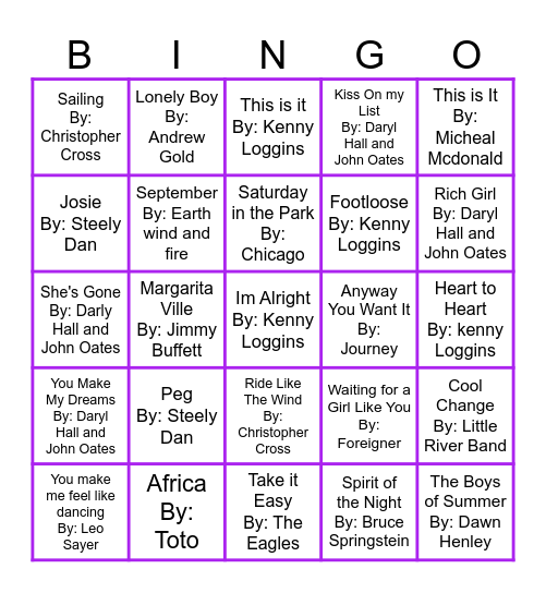 Yacht Rock Music Bingo Round 1 Bingo Card