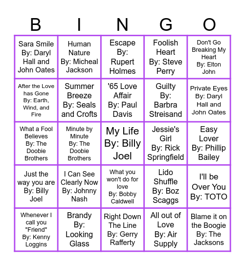 Yacht Rock Music Bingo Round 2 Bingo Card