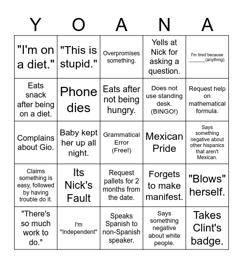 Yoana Bingo Card